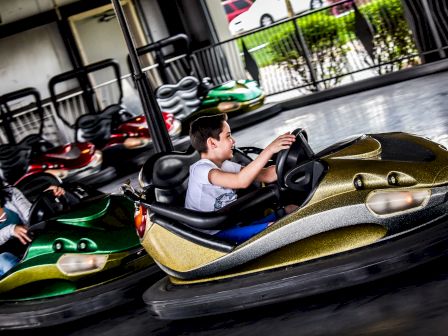 Two people driving bumper cars at an amusement park, one in a gold car and the other in a green car, enjoying the ride.