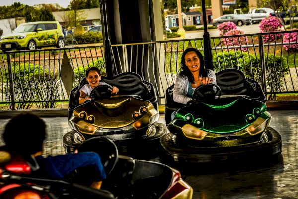 People enjoying a ride in bumper cars on an amusement park track, with a fence and greenery in the background.