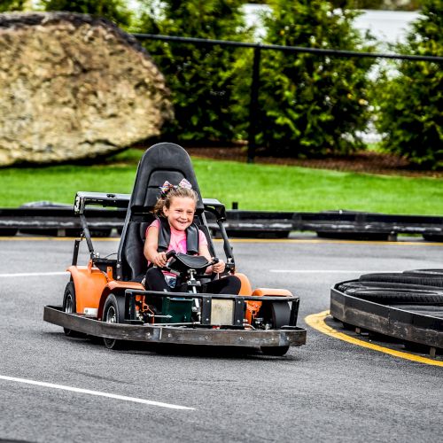 A child driving a go-kart on a track, smiling with hands on the wheel, surrounded by safety barriers and greenery.