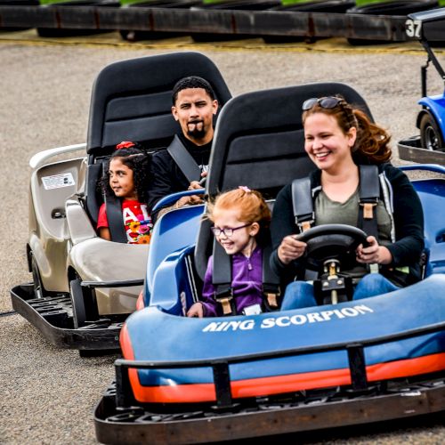 People riding go-karts at an amusement park, with a woman and child in the foreground and another group in the background, all smiling.