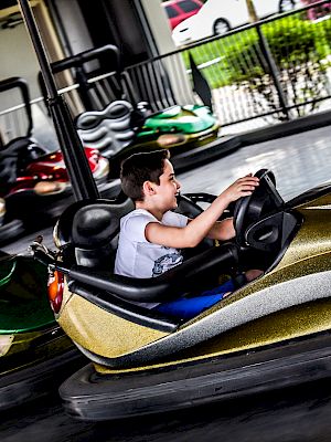 People enjoying a ride in bumper cars at an amusement park, focused on a boy steering a gold car and a woman in a green car.